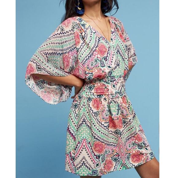 Maeve Anthropologie Pink Rose Siya Kimono Keyhole Dress Womens 6 All Over Print - Picture 1 of 9